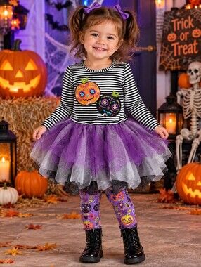 Emely Rose Black & White Stripe Pumpkin Tutu Halloween Dress Set 18 Months